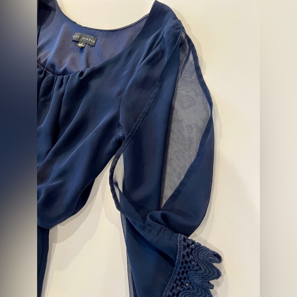 City Studio Crochet Blouson Waist Split Sleeve Navy Dress Sheer Small Delicate - Picture 11 of 15
